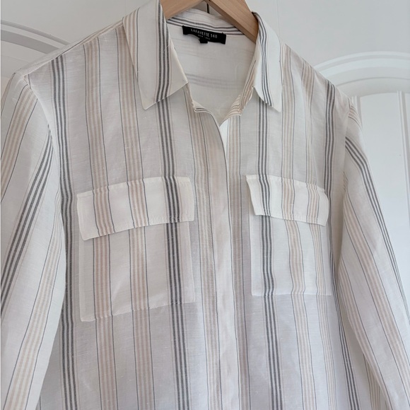 Lafayette 148 New York Cloud Multi Stripe Women Button Down Shirt Top Sz S Linen - Picture 2 of 8